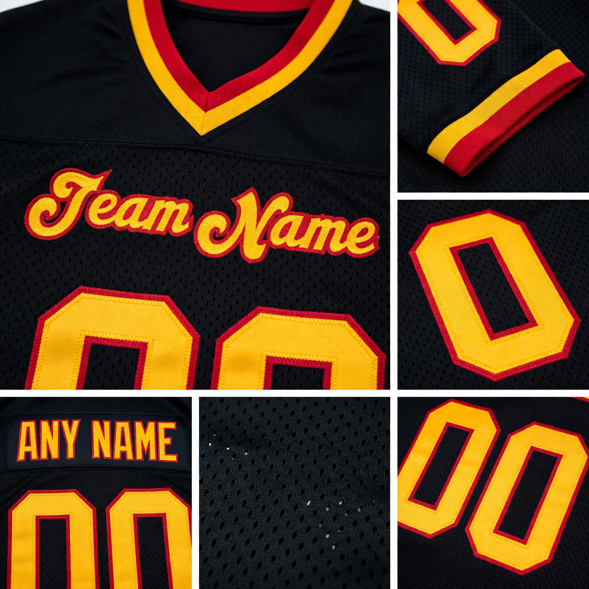 Custom Black Gold-Red Mesh Authentic Throwback Football Jersey detail
