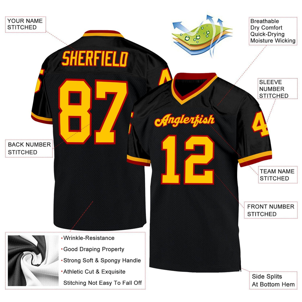Custom Black Gold-Red Mesh Authentic Throwback Football Jersey photo 4
