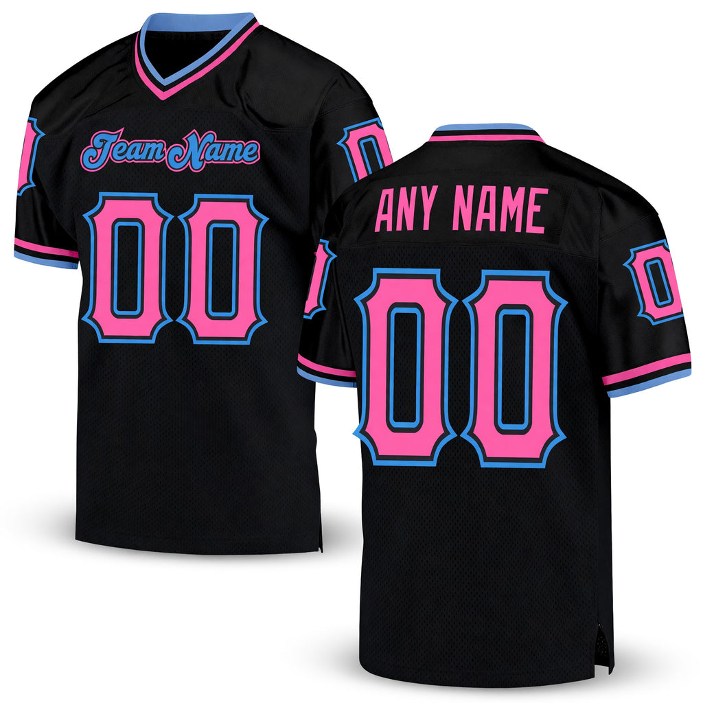 Custom Black Pink-Powder Blue Mesh Authentic Throwback Football Jersey