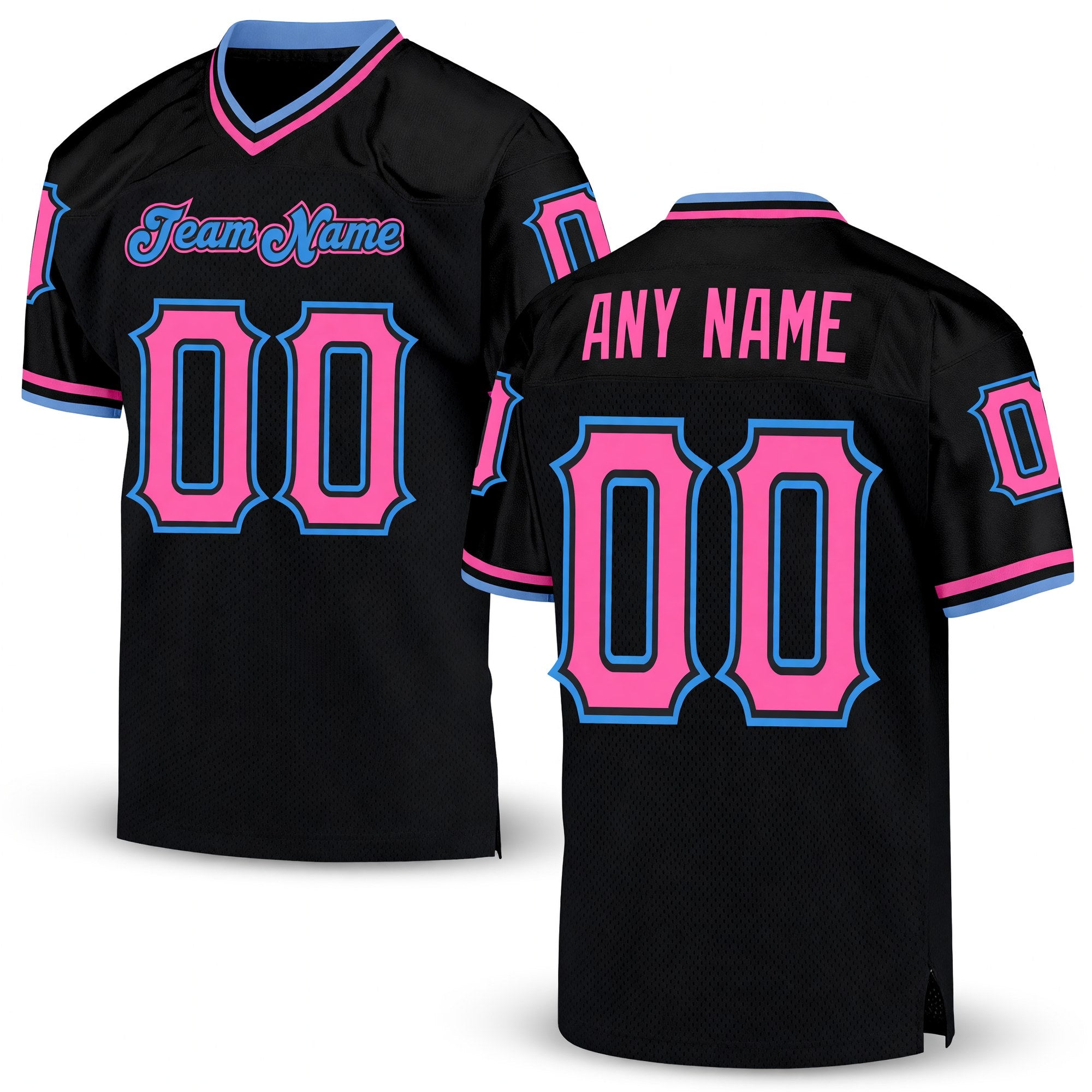 Custom Black Pink-Powder Blue Mesh Authentic Throwback Football Jersey