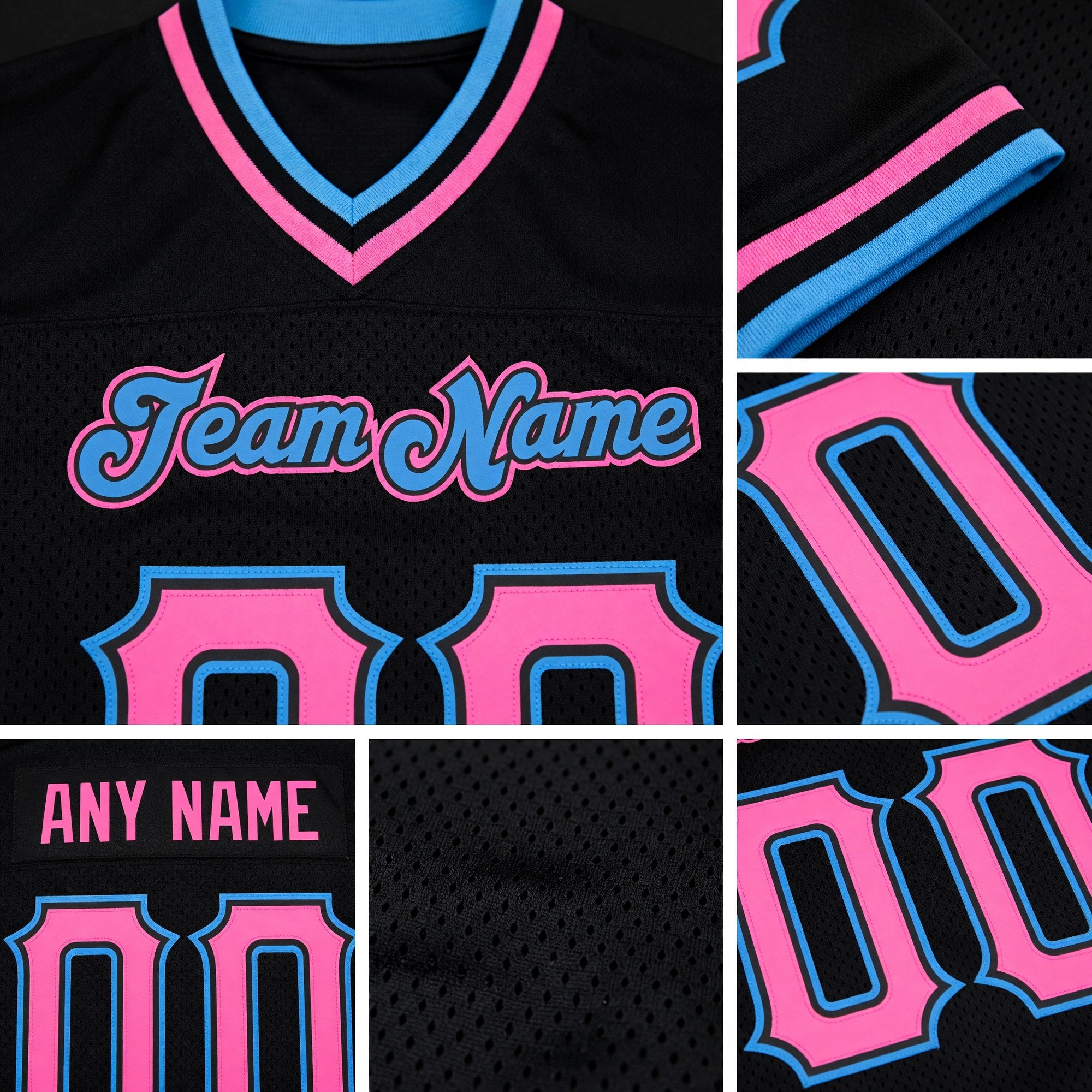Custom Black Pink-Powder Blue Mesh Authentic Throwback Football Jersey detail