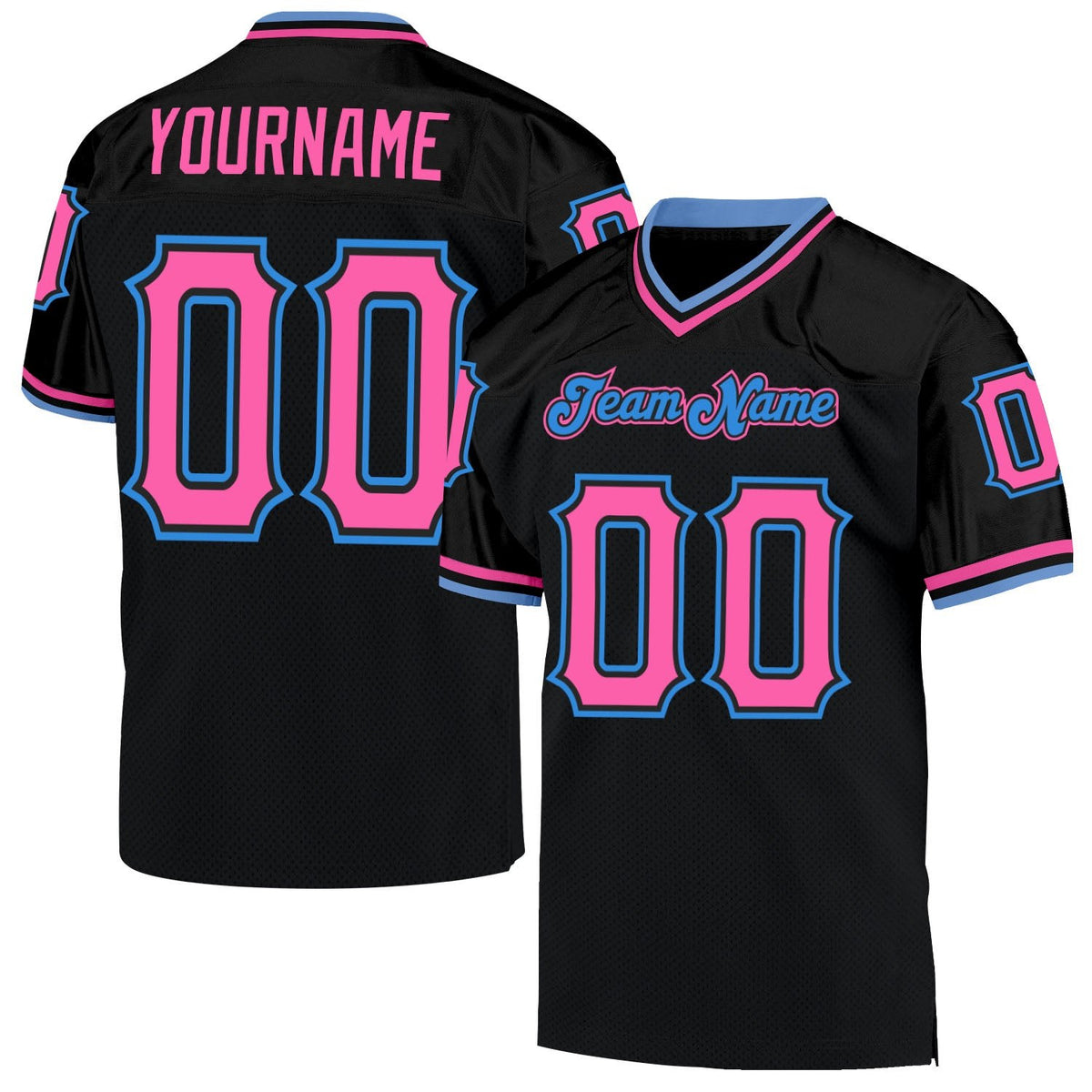 Custom Black Pink-Powder Blue Mesh Authentic Throwback Football Jersey photo 1