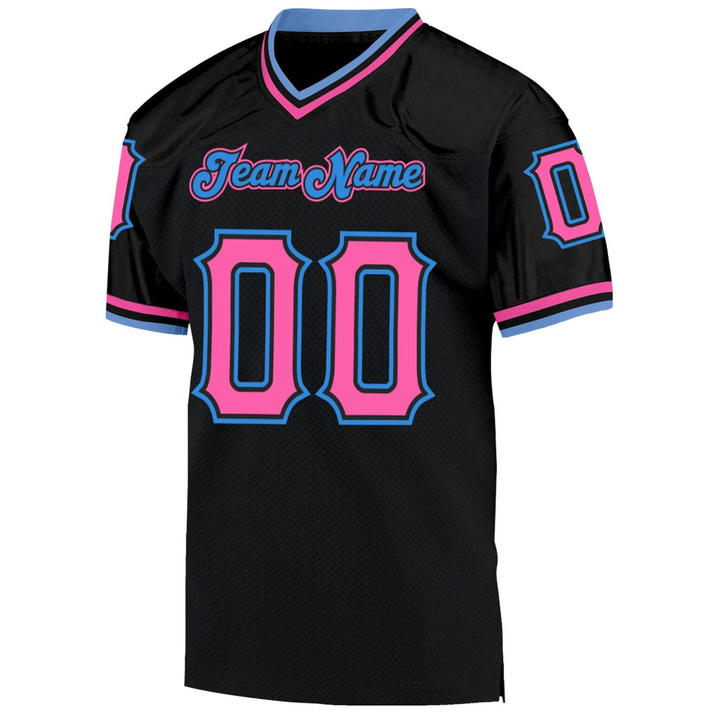Custom Black Pink-Powder Blue Mesh Authentic Throwback Football Jersey photo 2