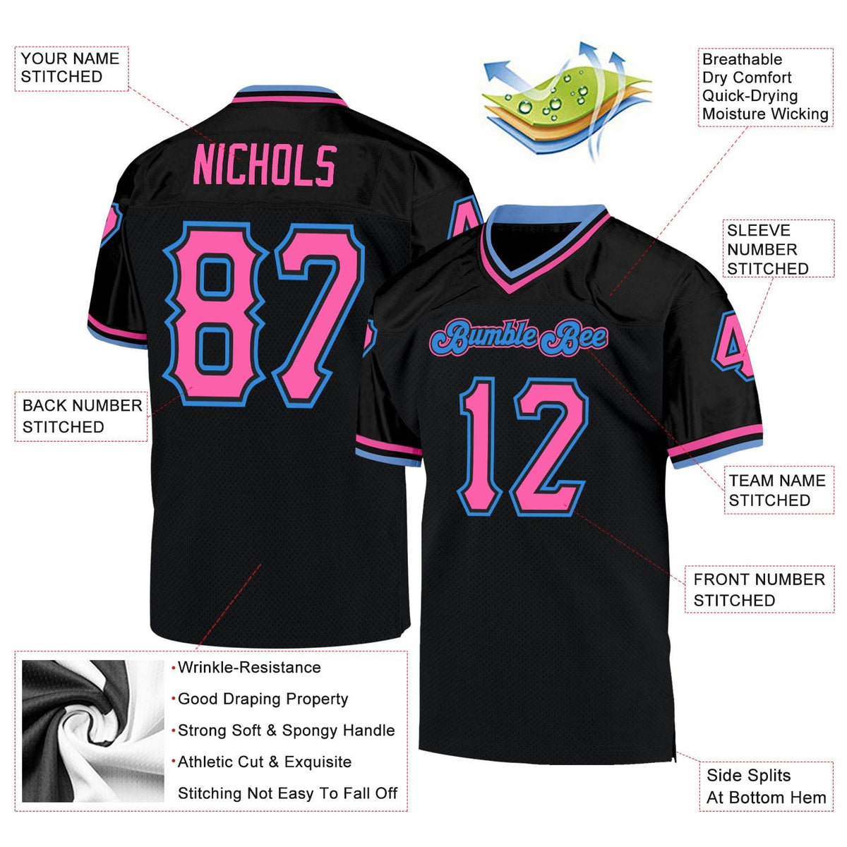 Custom Black Pink-Powder Blue Mesh Authentic Throwback Football Jersey photo 4