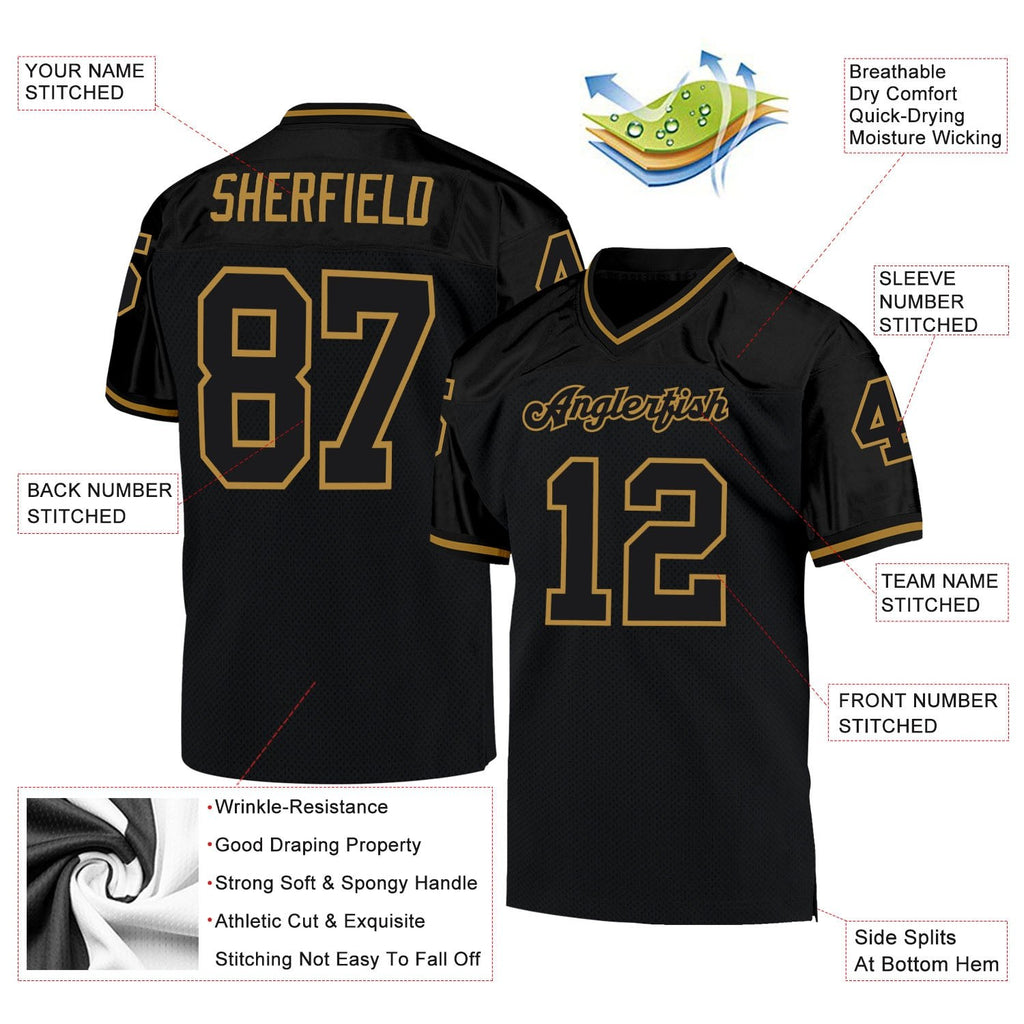 Custom Black Black-Old Gold Mesh Authentic Throwback Football Jersey photo 4