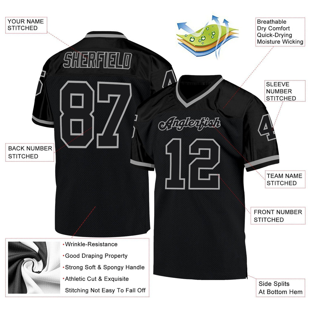 Custom Black Black-Gray Mesh Authentic Throwback Football Jersey photo 4