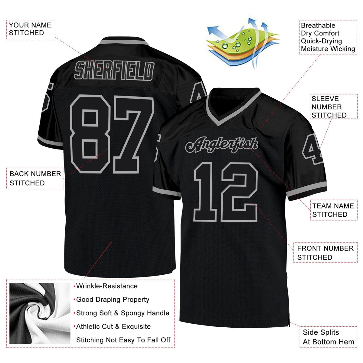 Custom Black Black-Gray Mesh Authentic Throwback Football Jersey photo 4