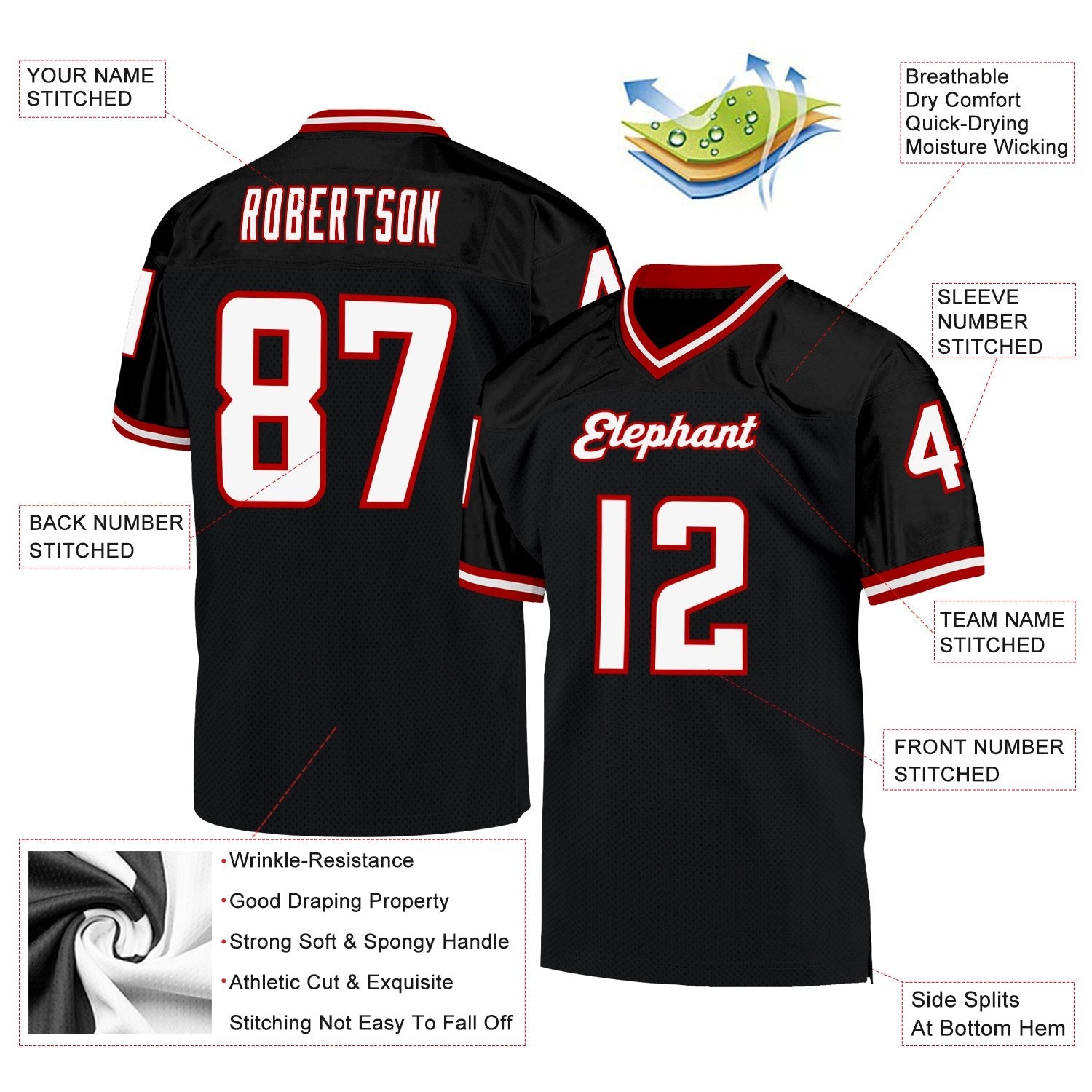Custom Black White-Red Mesh Authentic Throwback Football Jersey photo 4