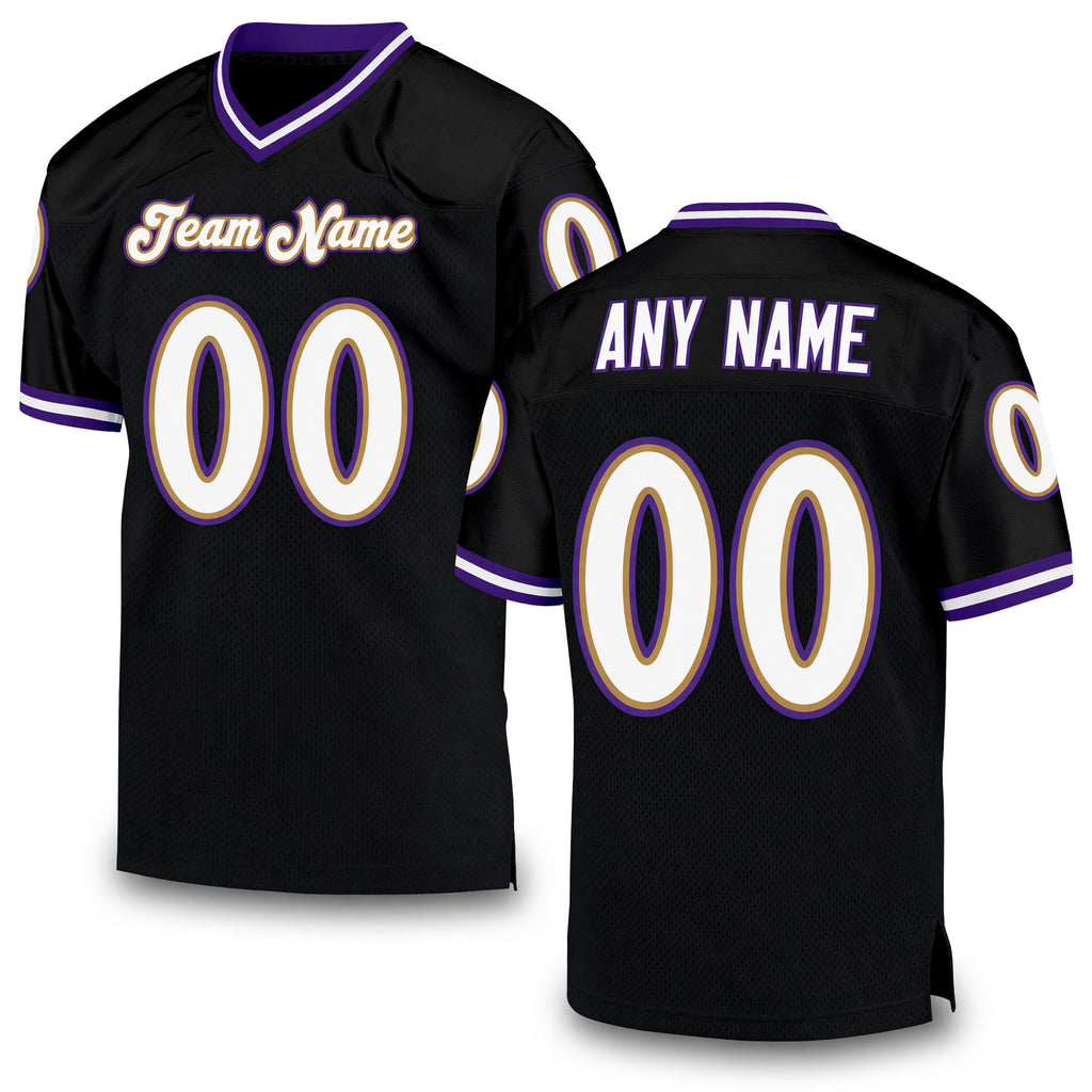 Custom Black White Purple-Old Gold Mesh Authentic Throwback Football Jersey