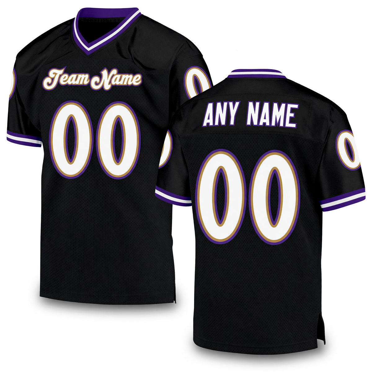 Custom Black White Purple-Old Gold Mesh Authentic Throwback Football Jersey