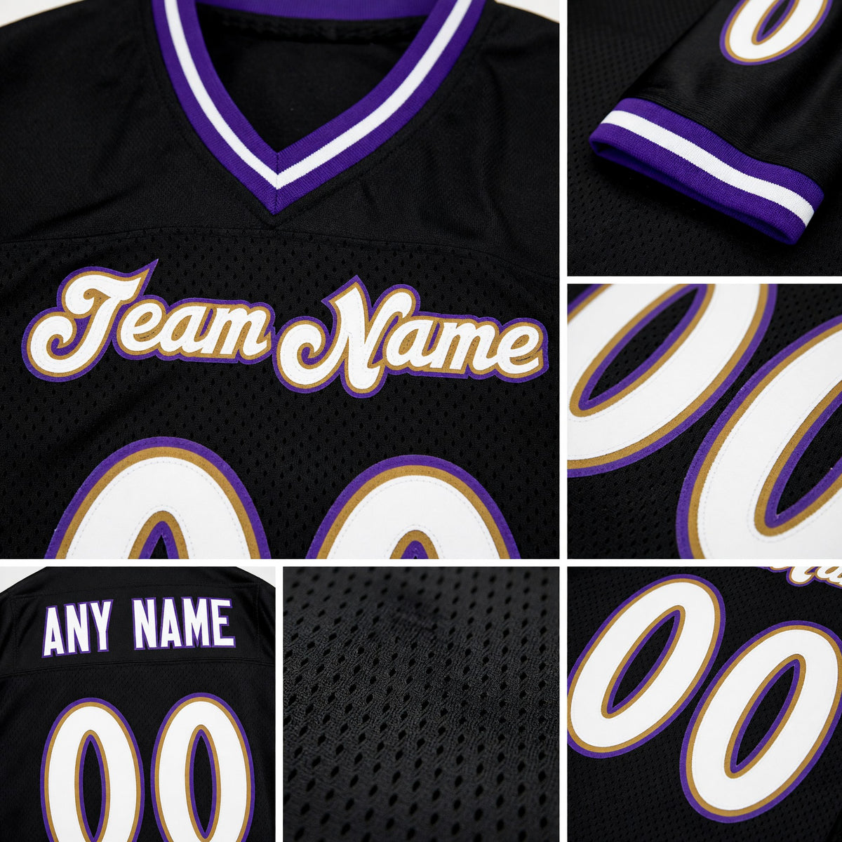 Custom Black White Purple-Old Gold Mesh Authentic Throwback Football Jersey detail
