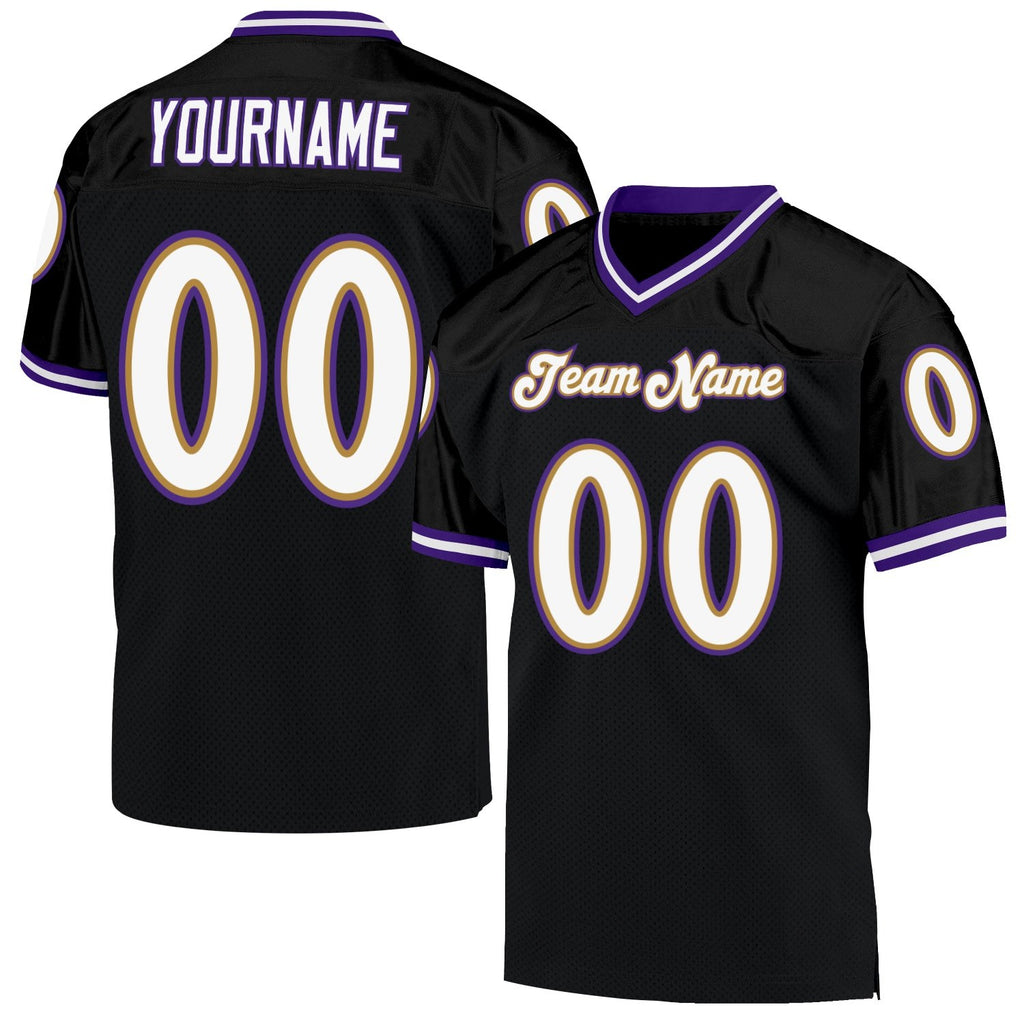 Custom Black White Purple-Old Gold Mesh Authentic Throwback Football Jersey photo 1