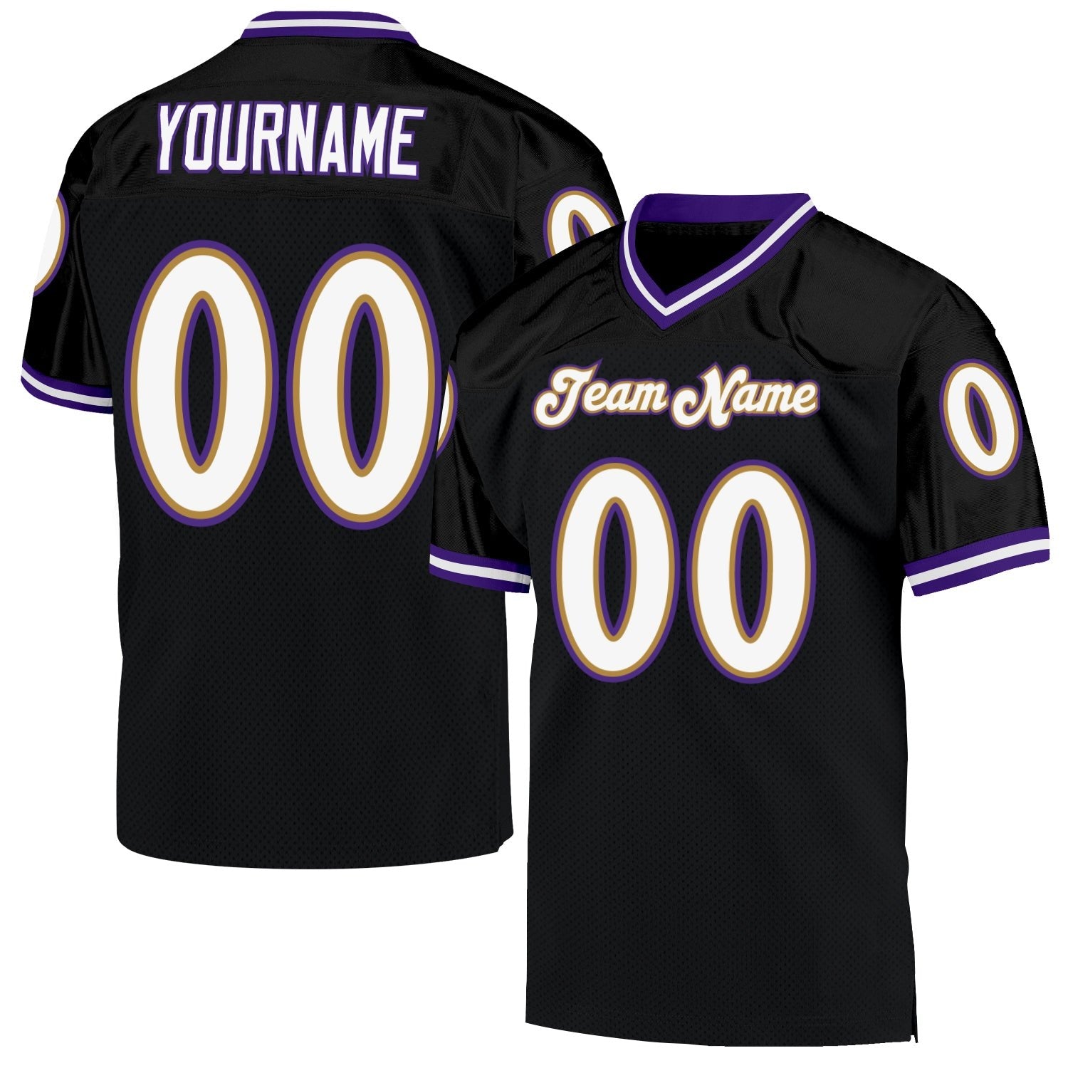 Custom Black White Purple-Old Gold Mesh Authentic Throwback Football Jersey photo 1
