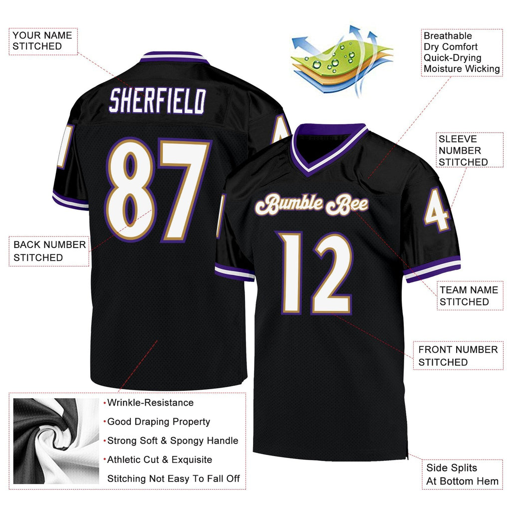 Custom Black White Purple-Old Gold Mesh Authentic Throwback Football Jersey photo 4