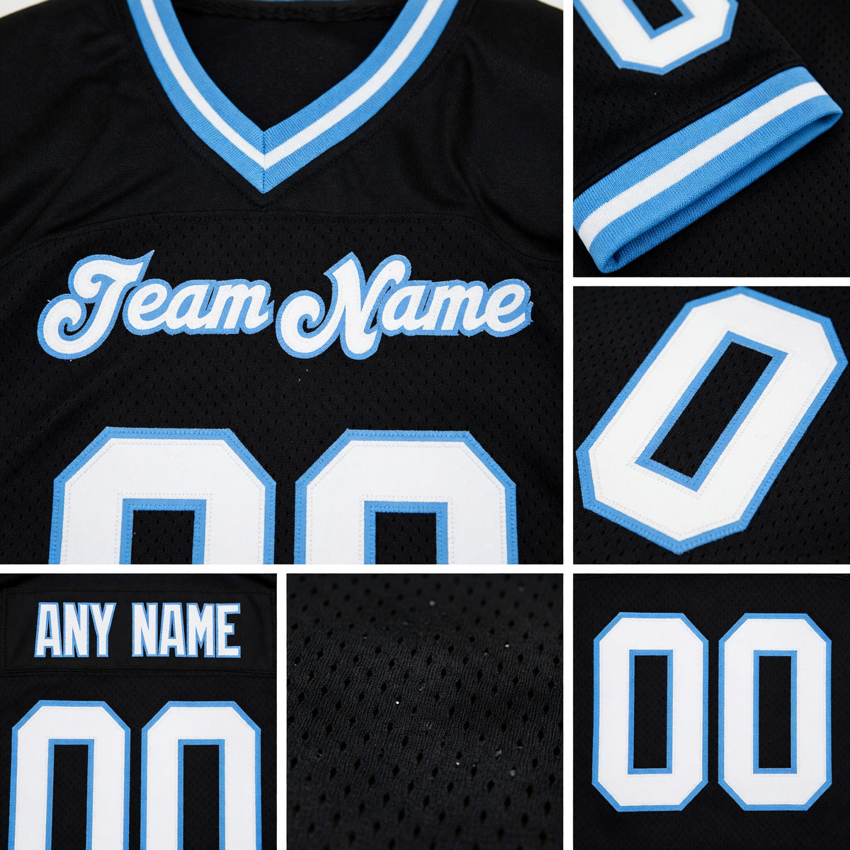 Custom Black White-Light Blue Mesh Authentic Throwback Football Jersey detail