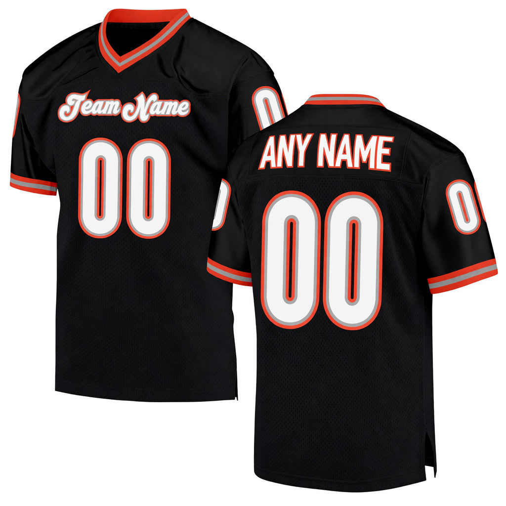 Custom Black White-Orange Mesh Authentic Throwback Football Jersey
