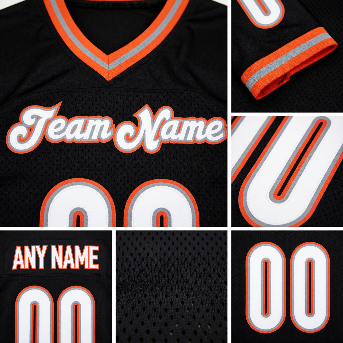 Custom Black White-Orange Mesh Authentic Throwback Football Jersey detail