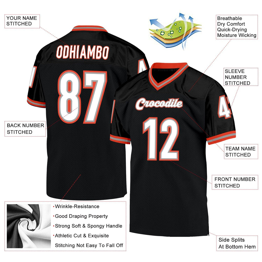 Custom Black White-Orange Mesh Authentic Throwback Football Jersey photo 4