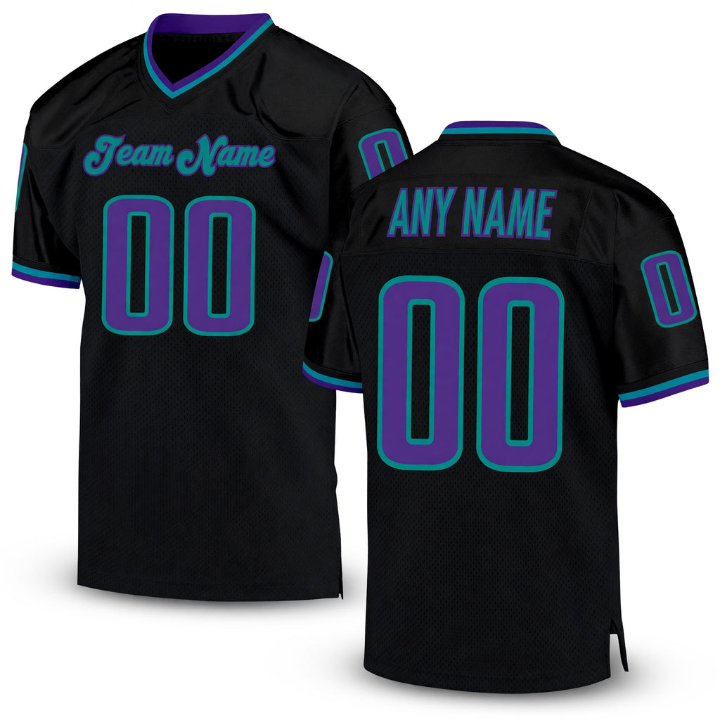 Custom Black Purple-Aqua Mesh Authentic Throwback Football Jersey