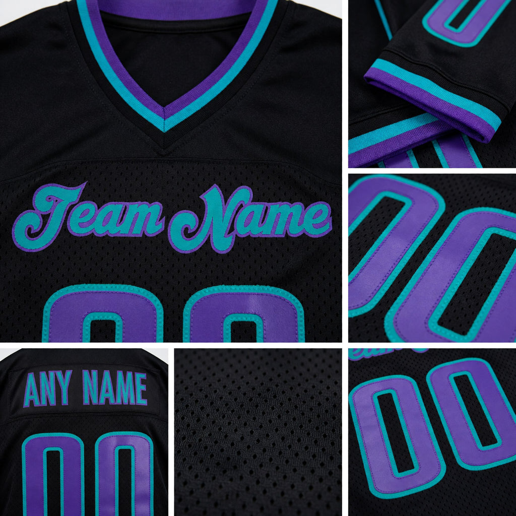 Custom Black Purple-Aqua Mesh Authentic Throwback Football Jersey detail