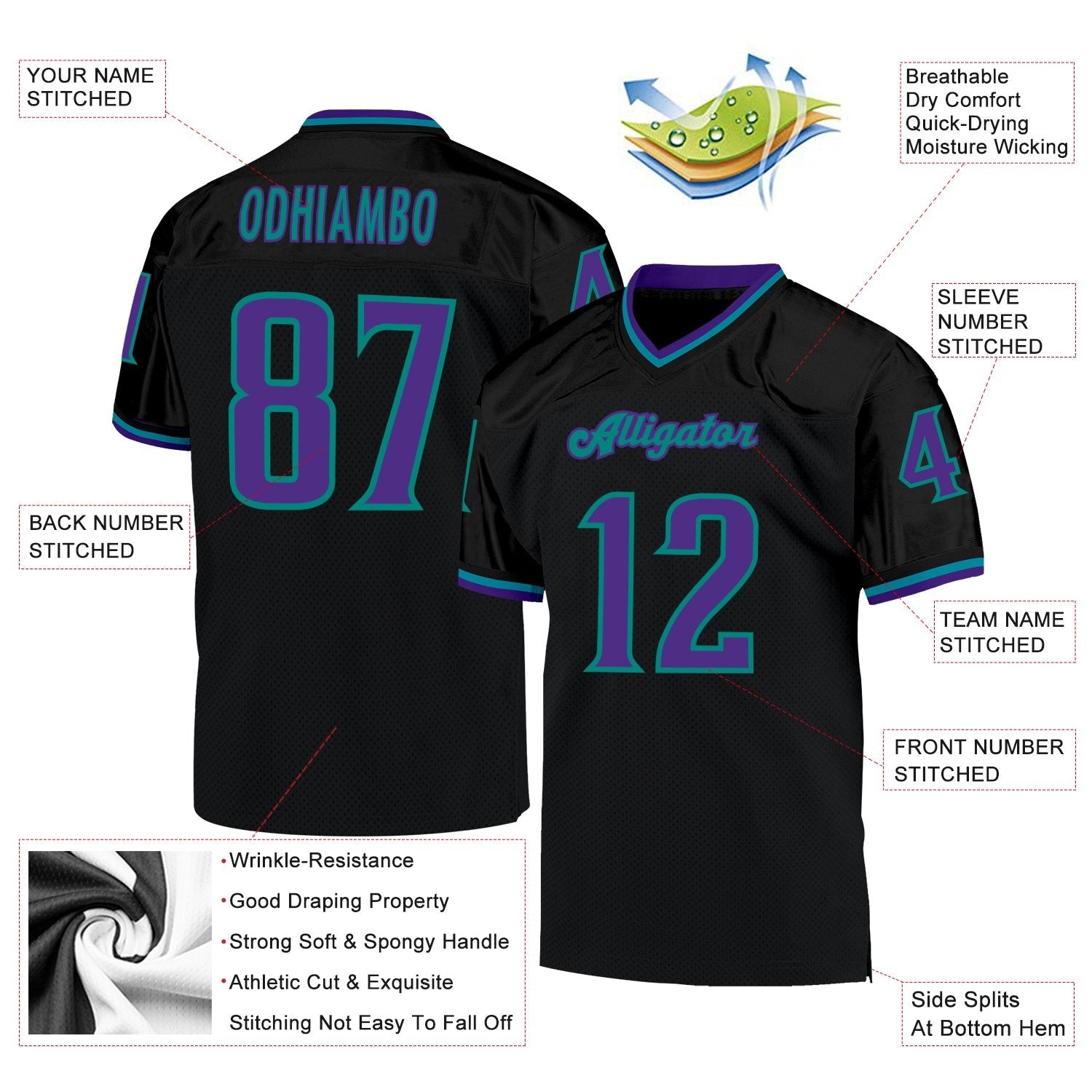 Custom Black Purple-Aqua Mesh Authentic Throwback Football Jersey photo 4