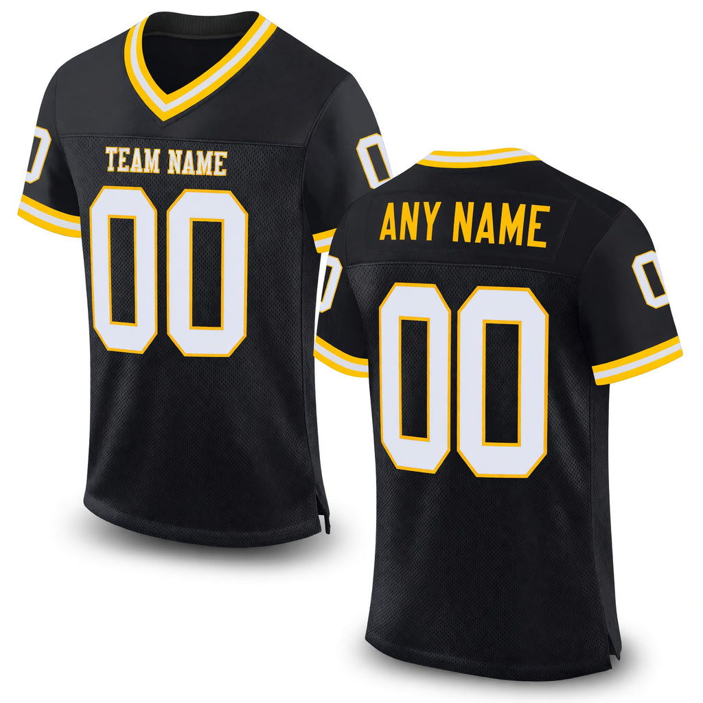 Custom Black White-Gold Mesh Authentic Throwback Football Jersey