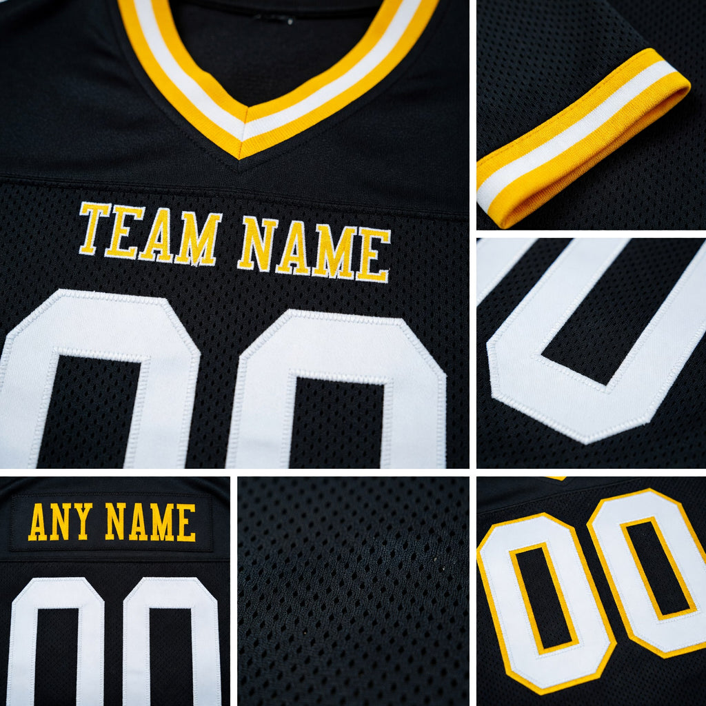 Custom Black White-Gold Mesh Authentic Throwback Football Jersey detail