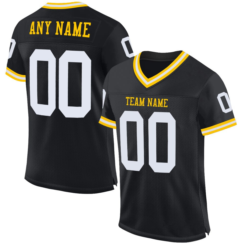 Custom Black White-Gold Mesh Authentic Throwback Football Jersey photo 1