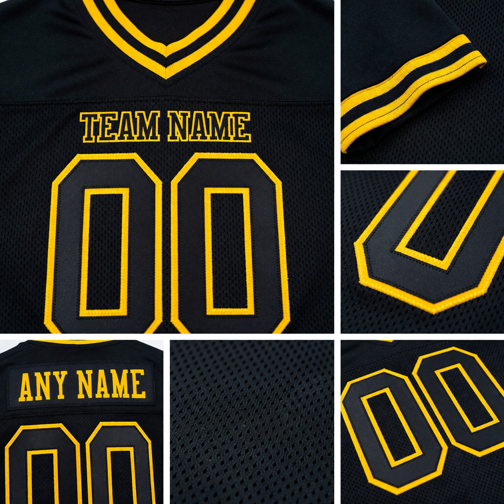 Custom Black Black-Gold Mesh Authentic Throwback Football Jersey detail