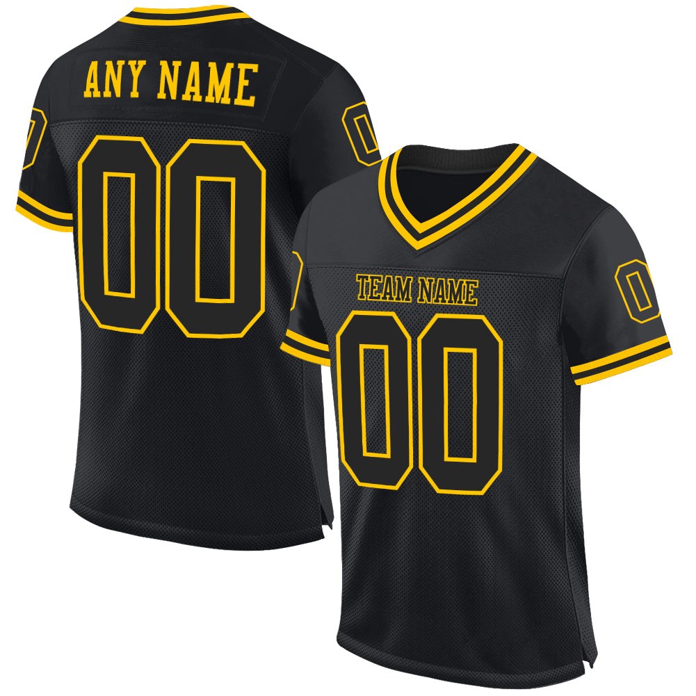 Custom Black Black-Gold Mesh Authentic Throwback Football Jersey photo 1