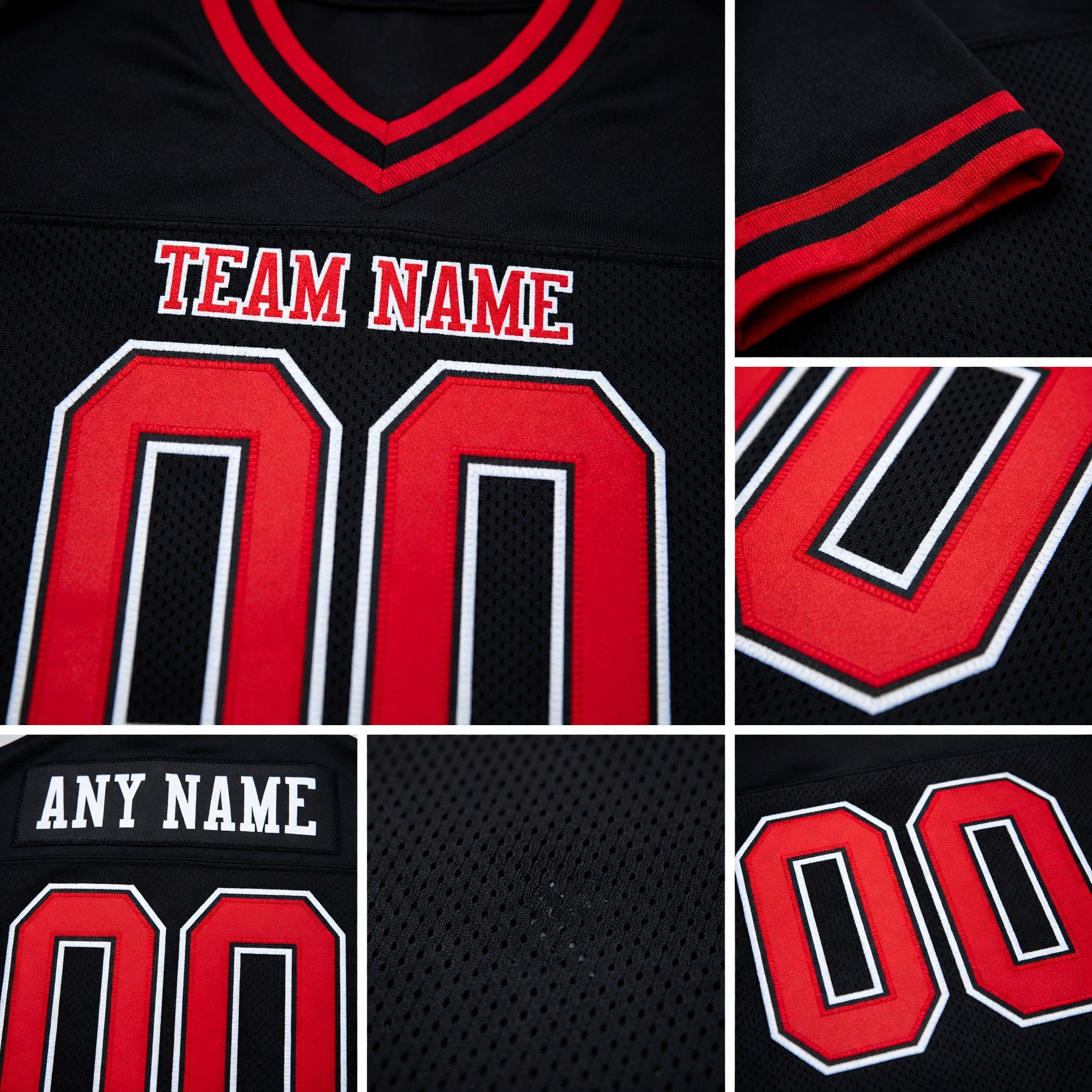 Custom Black Red-White Mesh Authentic Throwback Football Jersey detail