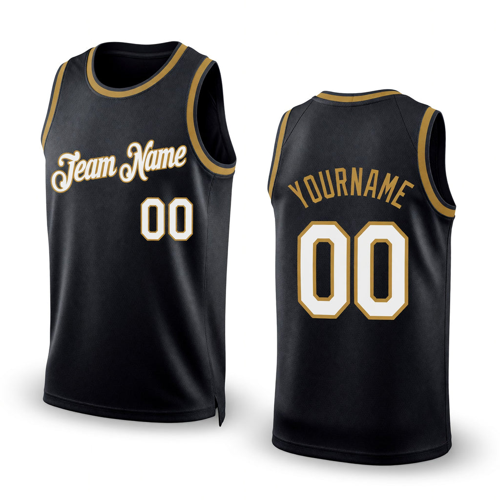 Custom Black White-Old Gold Authentic Throwback Basketball Jersey