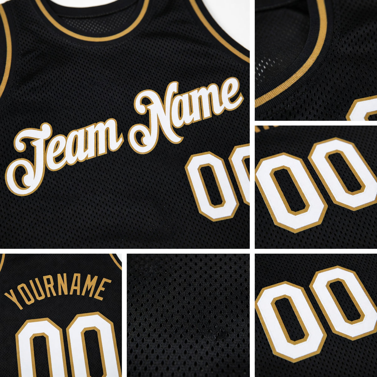 Custom Black White-Old Gold Authentic Throwback Basketball Jersey detail