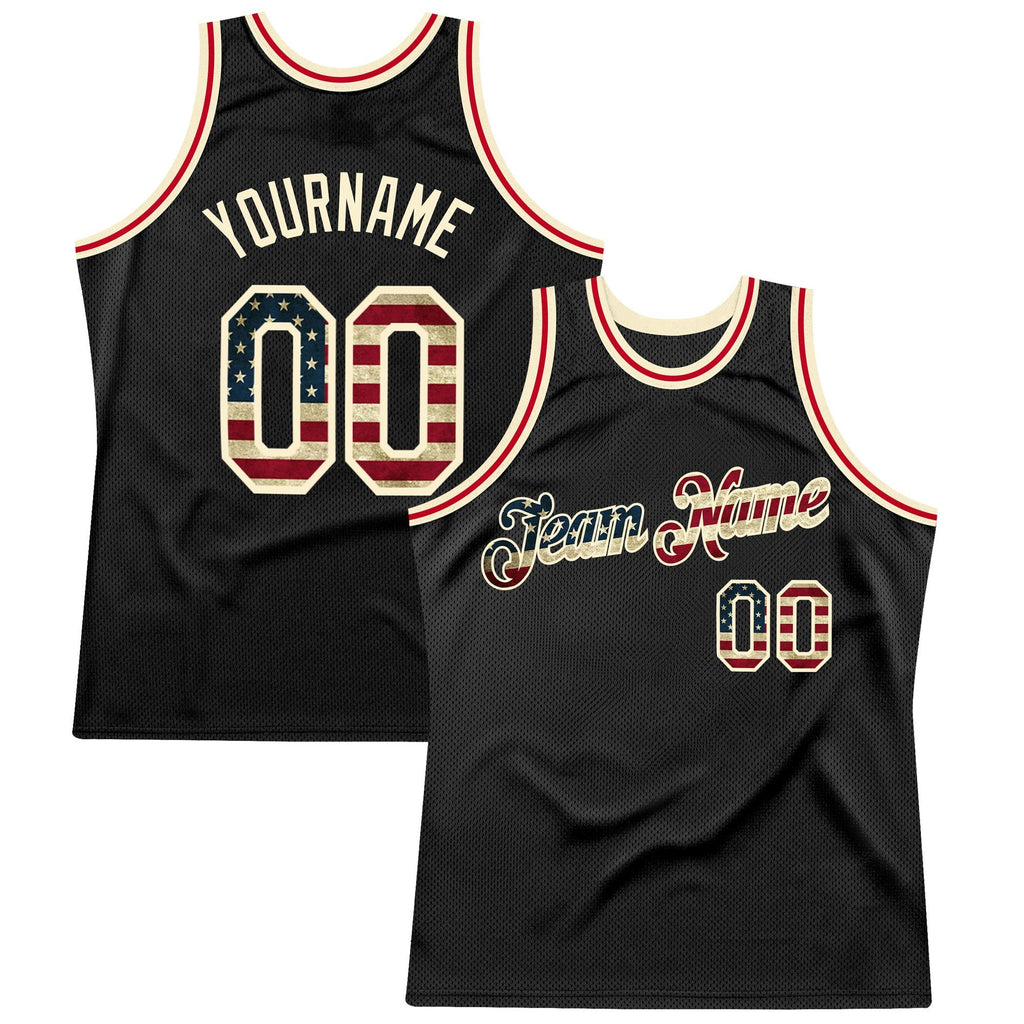 Custom Black Vintage USA Flag-Cream Authentic Throwback Basketball Jersey photo 1