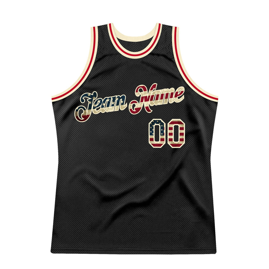 Custom Black Vintage USA Flag-Cream Authentic Throwback Basketball Jersey photo 4