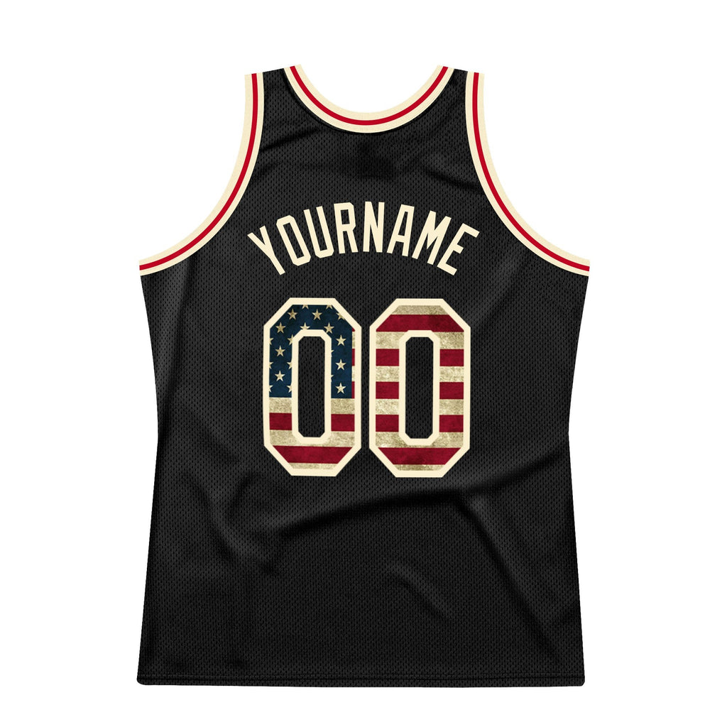 Custom Black Vintage USA Flag-Cream Authentic Throwback Basketball Jersey photo 5