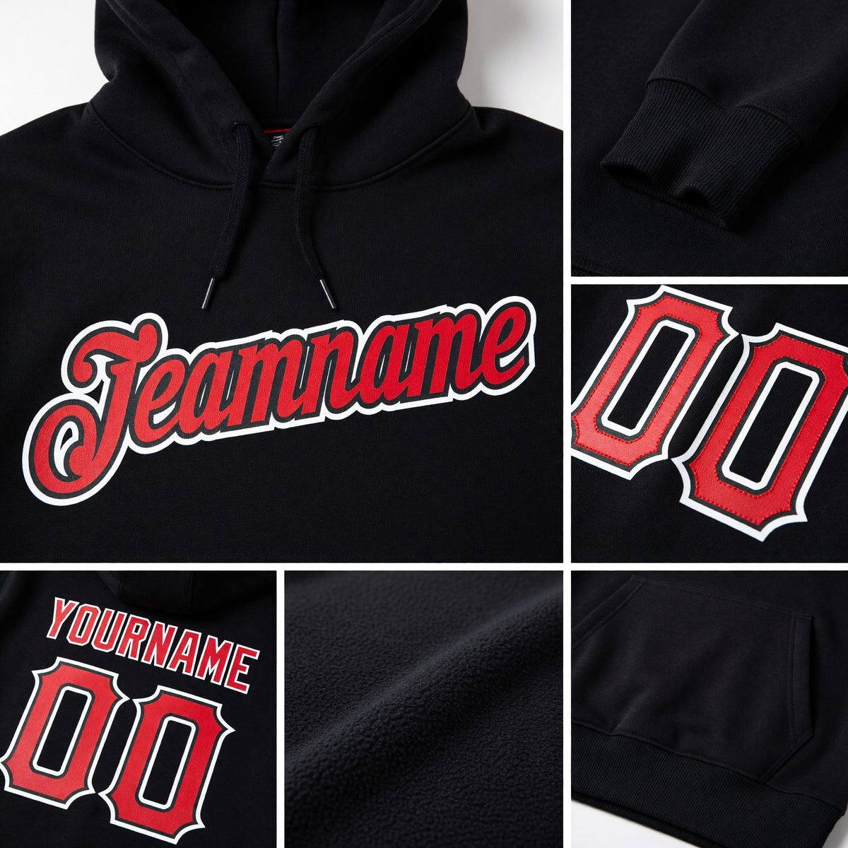 Custom Stitched Black Red-White Sports Pullover Sweatshirt Hoodie detail