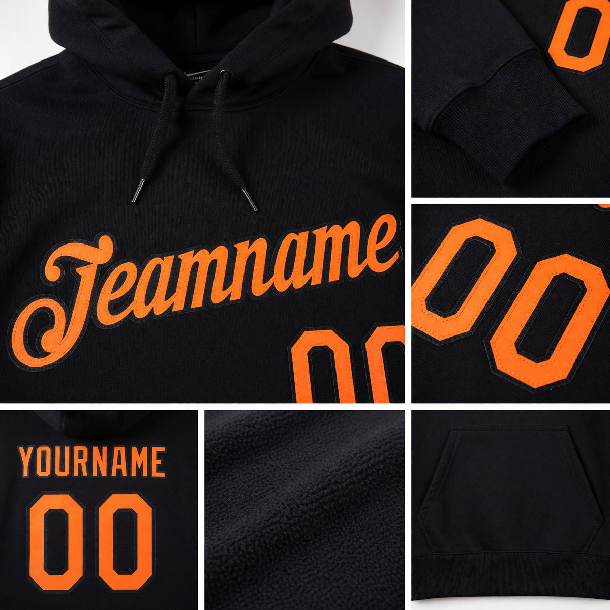 Custom Stitched Black Orange Sports Pullover Sweatshirt Hoodie detail