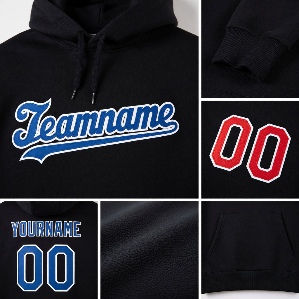 Custom Stitched Black Royal-Red Sports Pullover Sweatshirt Hoodie detail