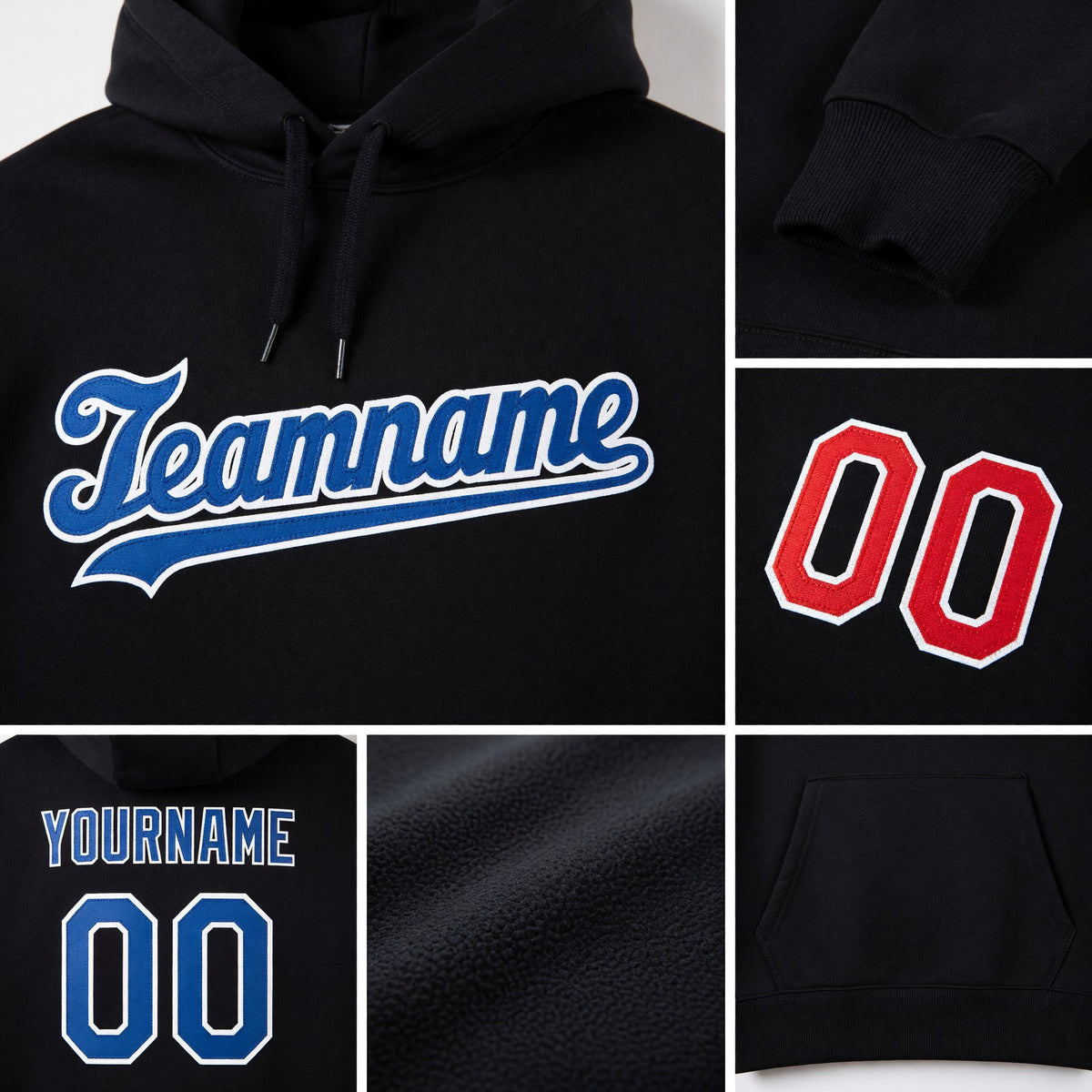 Custom Stitched Black Royal-Red Sports Pullover Sweatshirt Hoodie detail