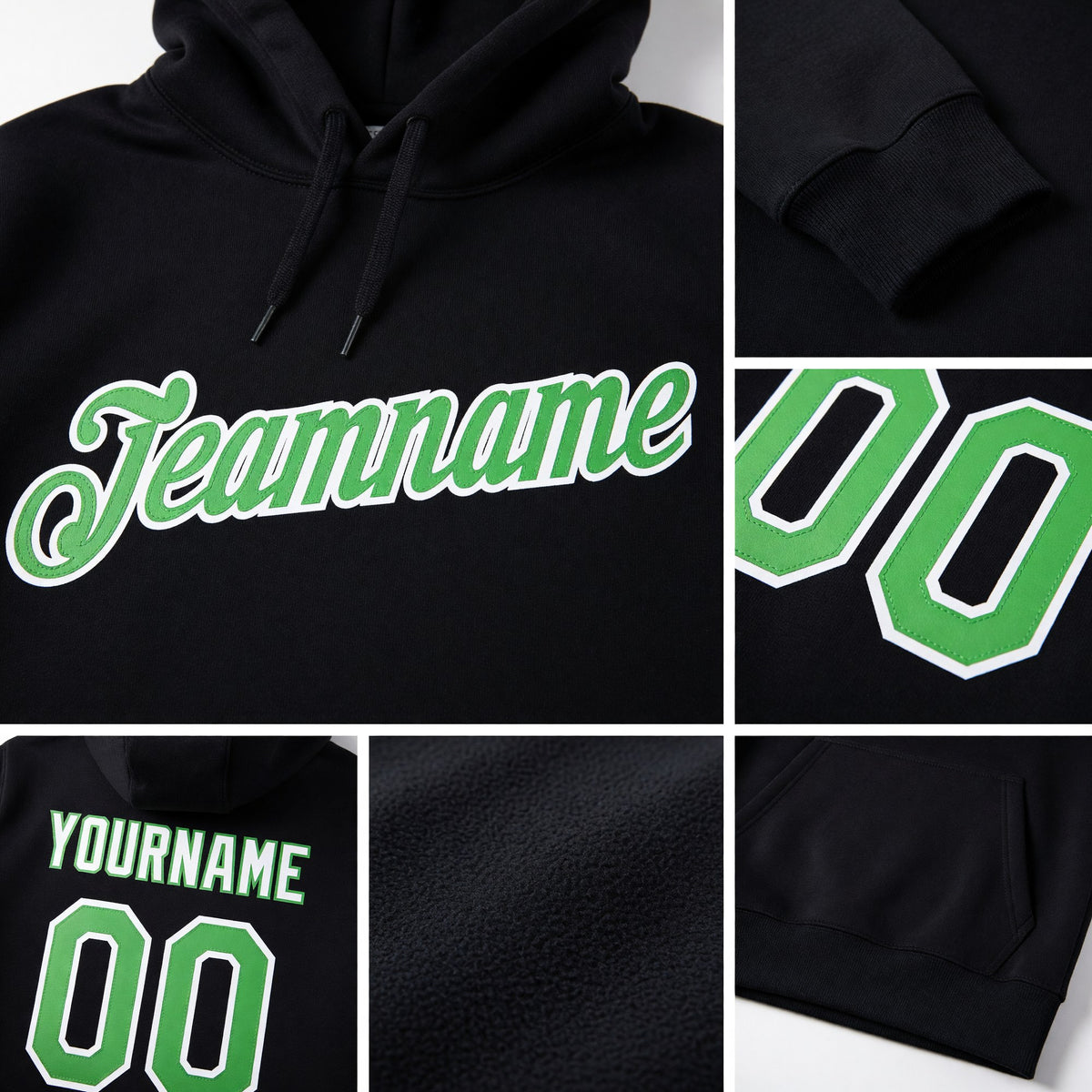 Custom Stitched Black Neon Green-White Sports Pullover Sweatshirt Hoodie detail