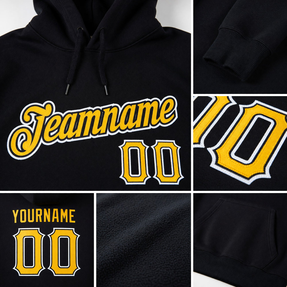 Custom Stitched Black Gold-White Sports Pullover Sweatshirt Hoodie detail