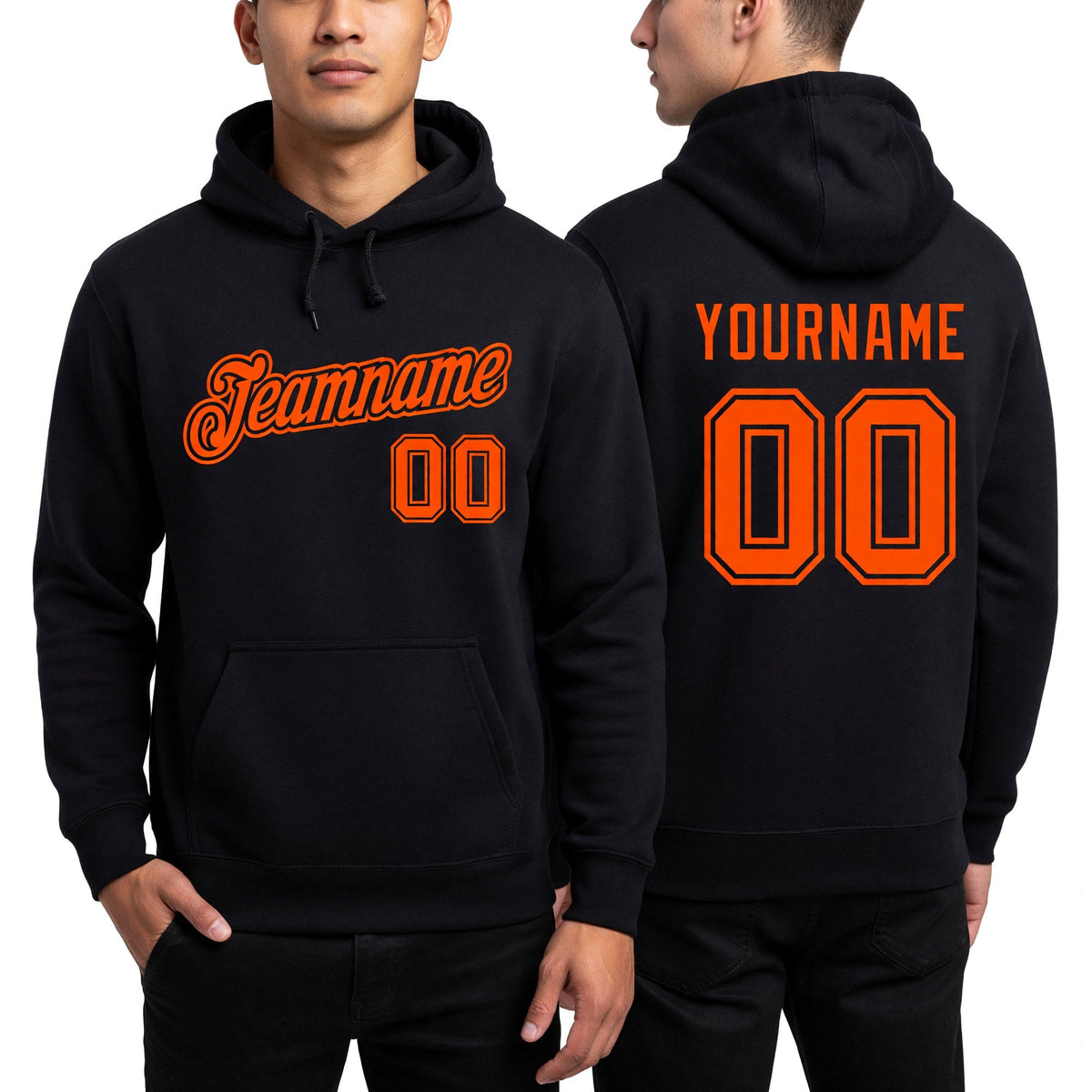 Custom Stitched Black Orange Sports Pullover Sweatshirt Hoodie worn front and back