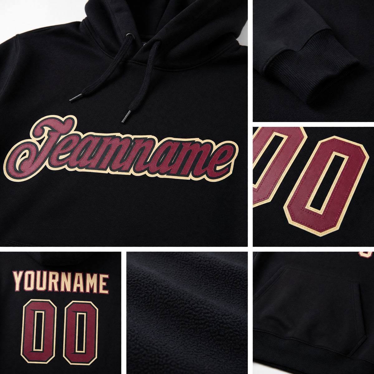 Custom Stitched Black Crimson-Cream Sports Pullover Sweatshirt Hoodie detail