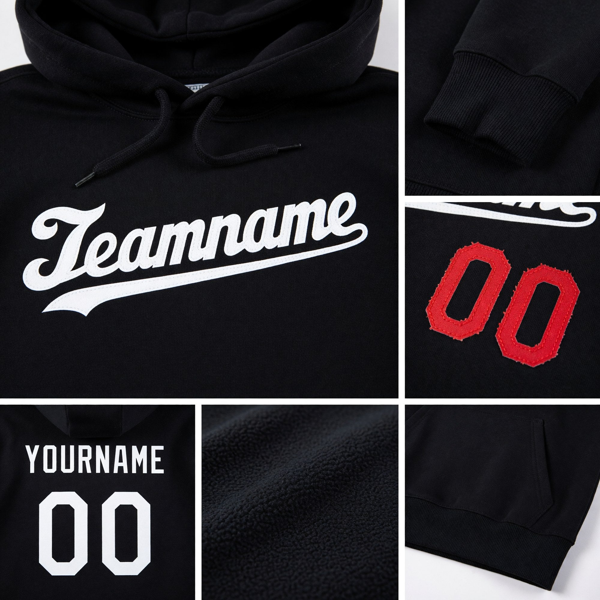 Custom Stitched Black White-Red Sports Pullover Sweatshirt Hoodie detail