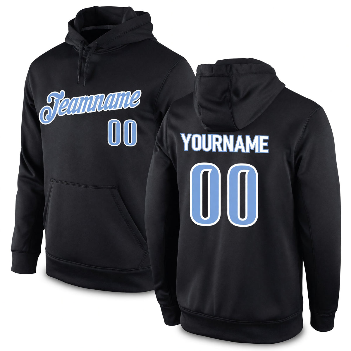 Custom Stitched Black Light Blue-White Sports Pullover Sweatshirt Hoodie