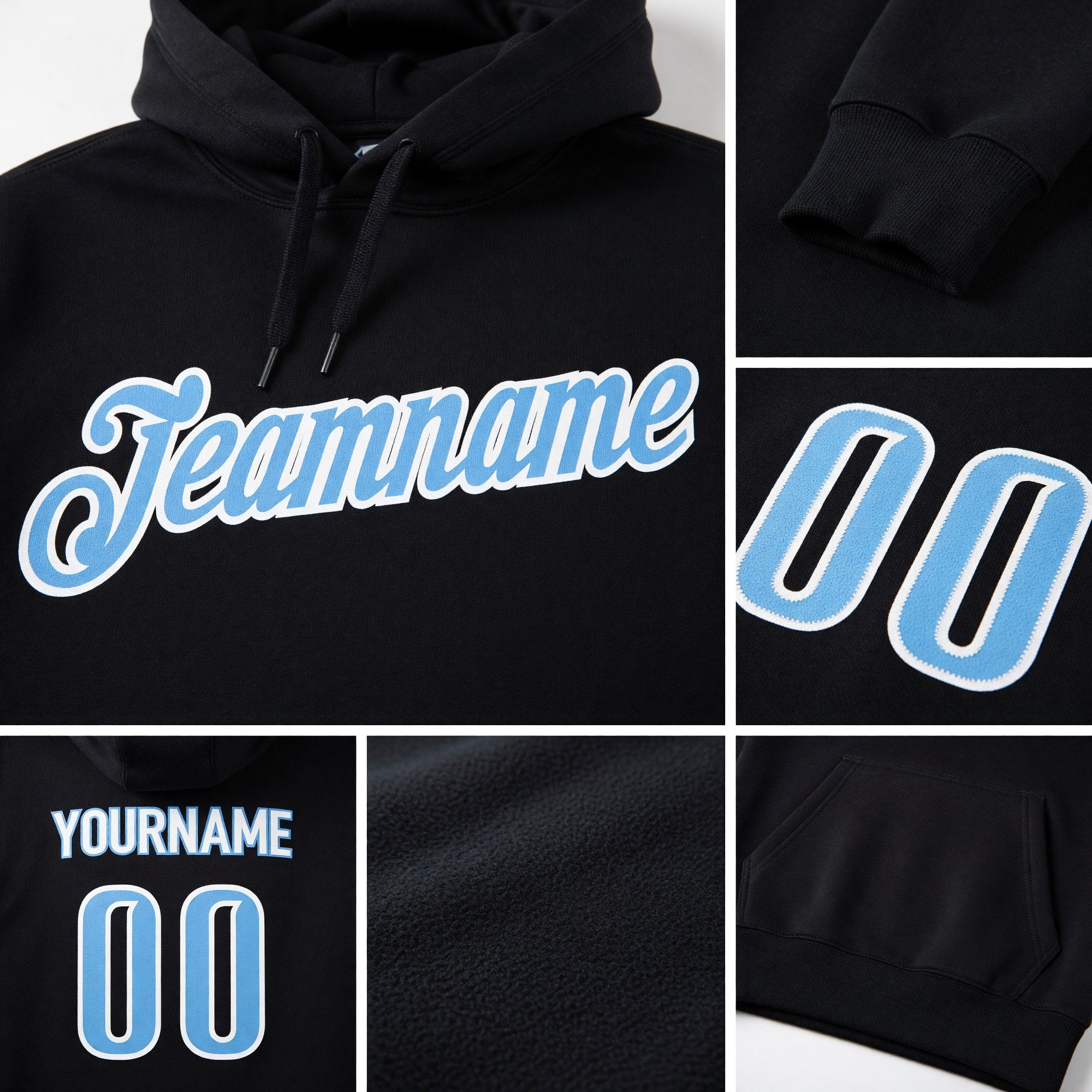Custom Stitched Black Light Blue-White Sports Pullover Sweatshirt Hoodie detail