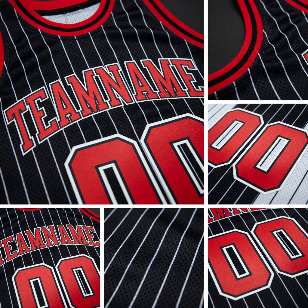Custom Black White Pinstripe Red-White Authentic Basketball Jersey detail