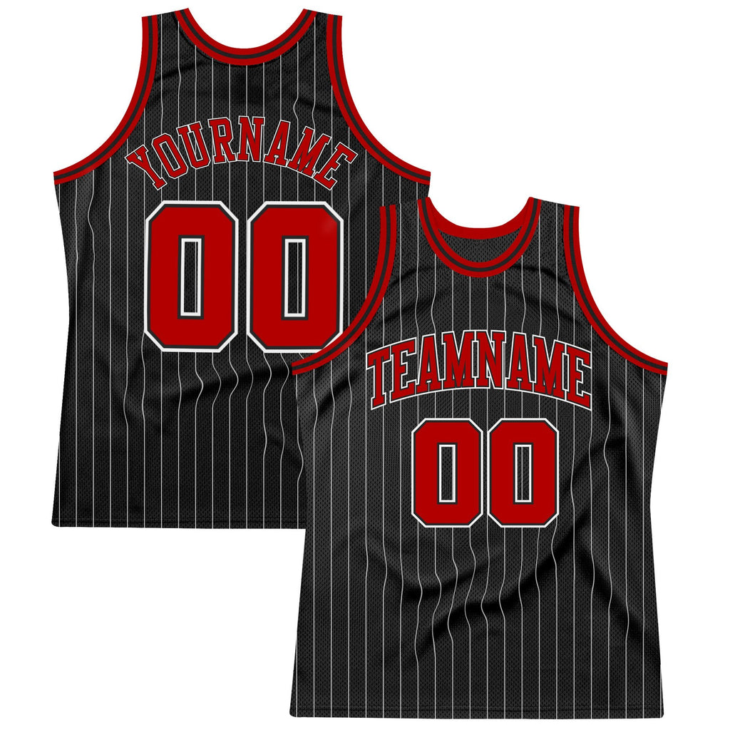 Custom Black White Pinstripe Red-White Authentic Basketball Jersey photo 1