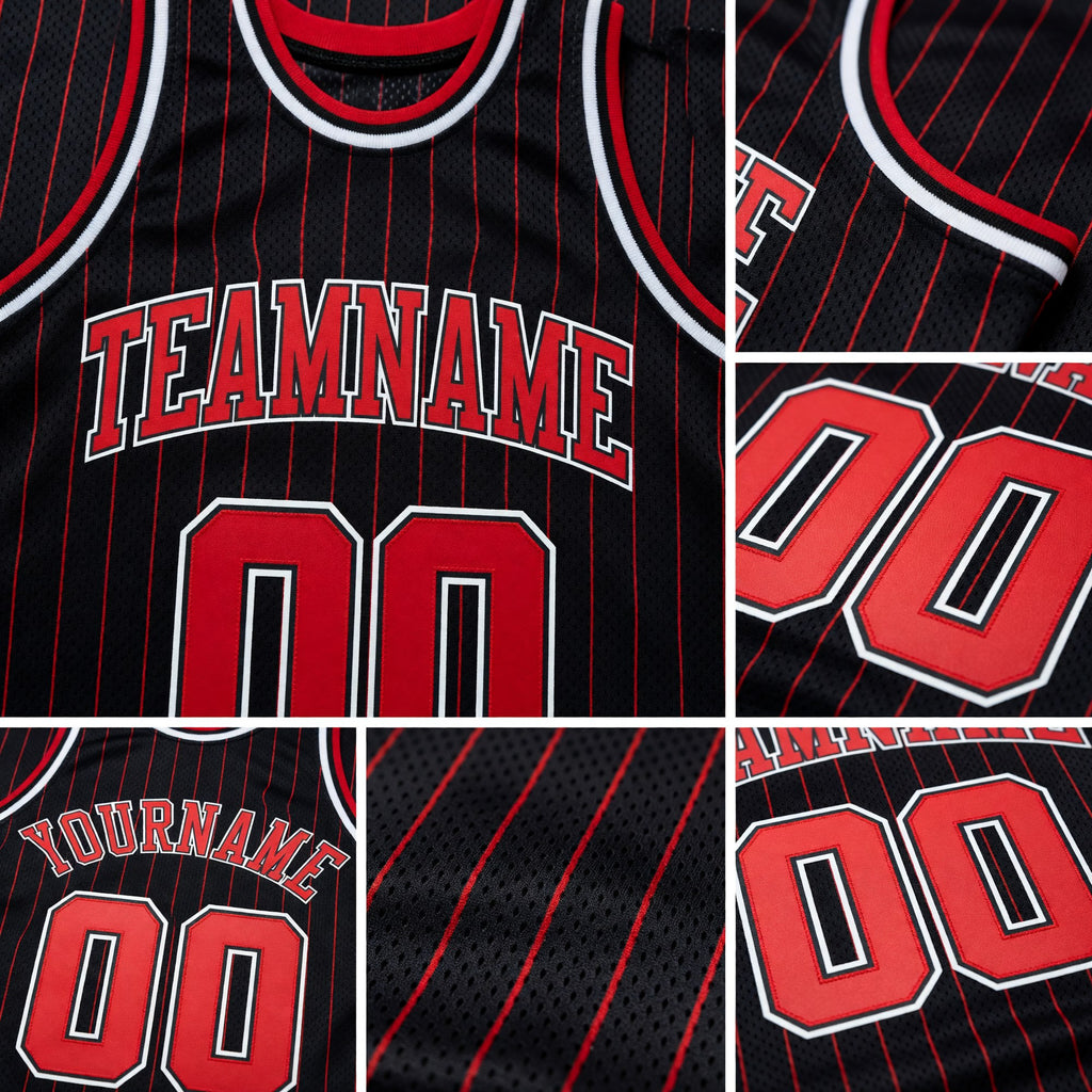 Custom Black Red Pinstripe Red-White Authentic Basketball Jersey detail